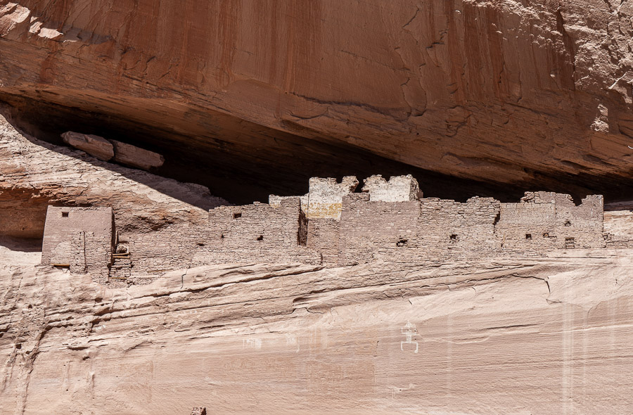 White house from canyon floor with pictograph